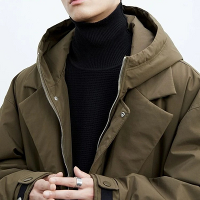 Men’s Long Waterproof Puffer Trench Coat with Hood – Insulated Winter Coat