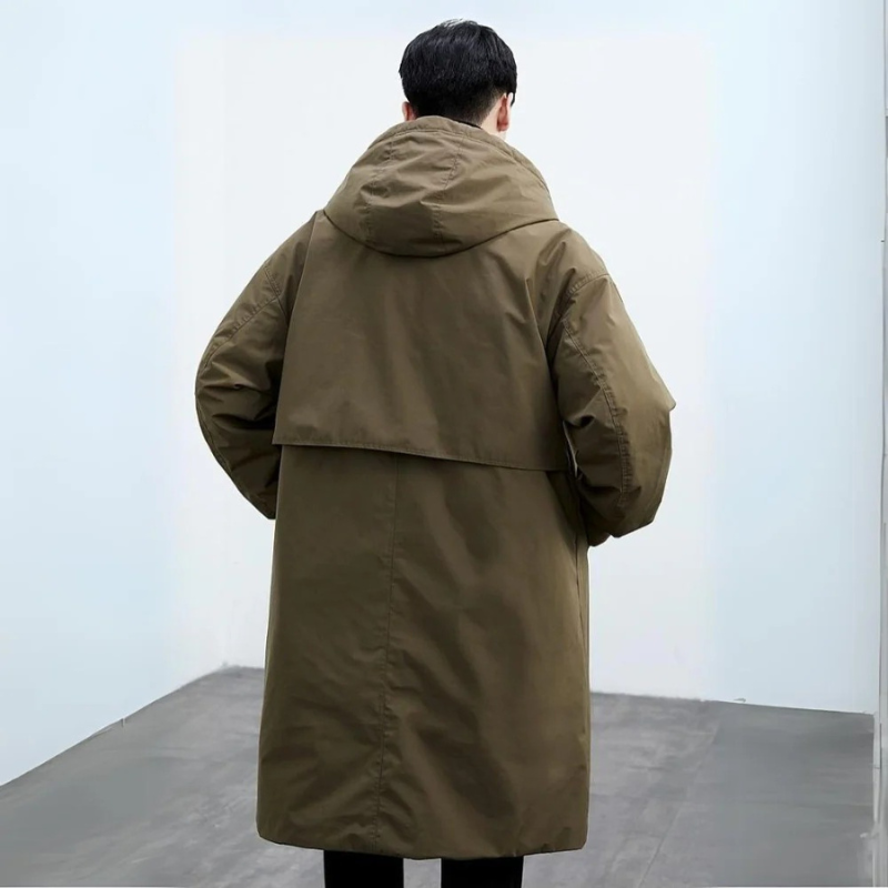Men’s Long Waterproof Puffer Trench Coat with Hood – Insulated Winter Coat