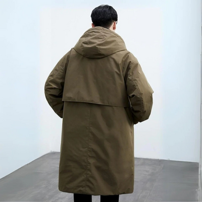 Men’s Long Waterproof Puffer Trench Coat with Hood – Insulated Winter Coat