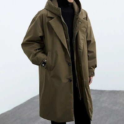 Men’s Long Waterproof Puffer Trench Coat with Hood – Insulated Winter Coat