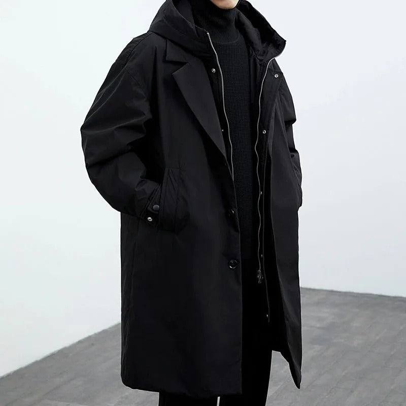 Men’s Long Waterproof Puffer Trench Coat with Hood – Insulated Winter Coat